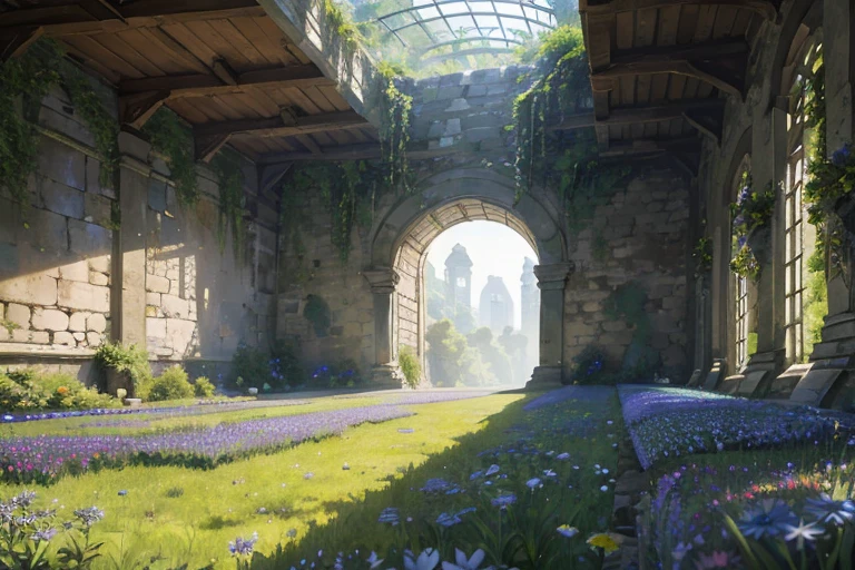 extremely overgrown haven walled off from the world with very tall dilapidated stone walls, spacious rectangular enclosed interior with tall grass, blue daisies flowers, sharp focus, detailed, best quality