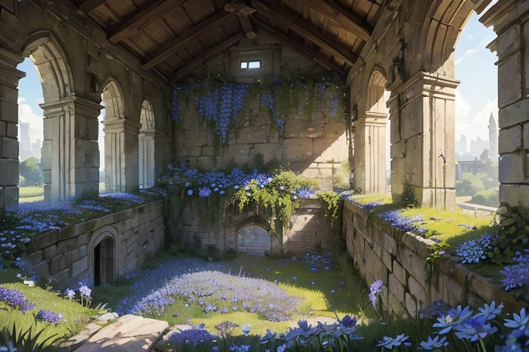 extremely overgrown haven walled off from the world with very tall dilapidated stone walls, spacious rectangular enclosed interior with tall grass, blue daisies flowers, sharp focus, detailed, best quality
