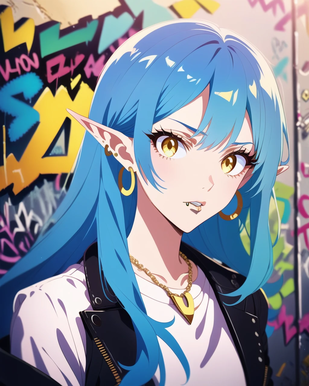 Fraction_9,Fraction_8_up, Fraction_7_up, Blue haired elf woman, upper body, Necklace, Black leather jacket, White T-shirt, Hoop Earrings, Lip ring, Long hair, Yellow eyes, Graffiti Wall