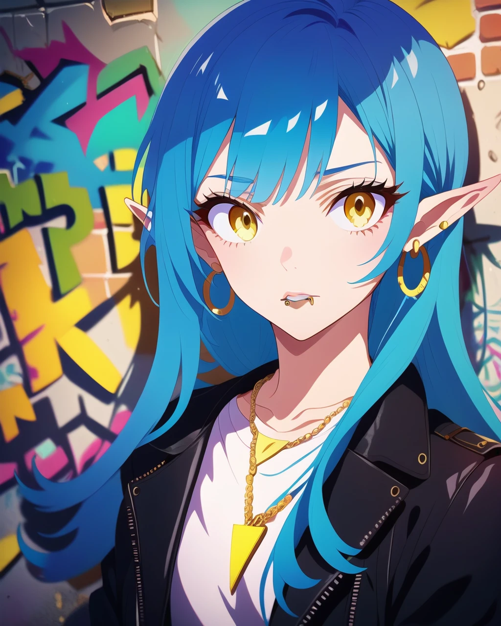 Fraction_9,Fraction_8_up, Fraction_7_up, Blue haired elf woman, upper body, Necklace, Black leather jacket, White T-shirt, Hoop Earrings, Lip ring, Long hair, Yellow eyes, Graffiti Wall