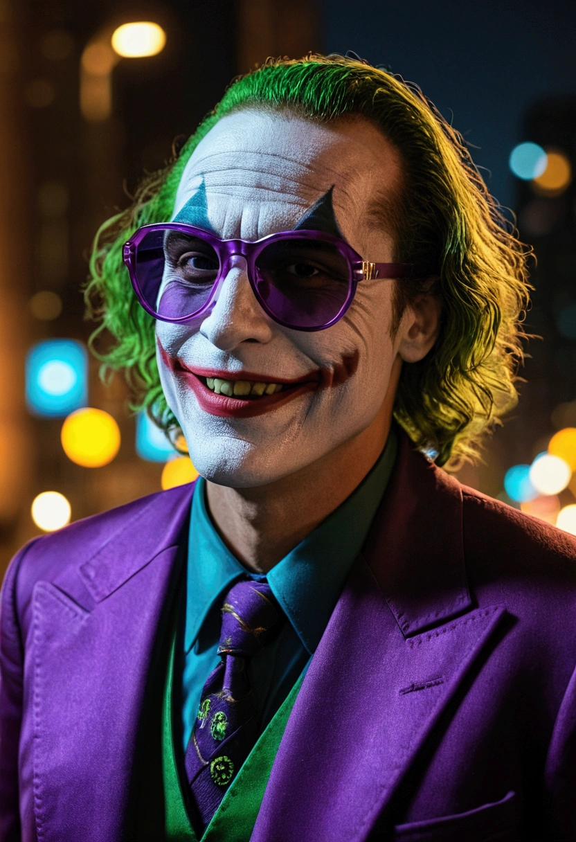 /joker in omib style, illustrator, masterpiece, high quality, 8k, high res, high detail, smiley, transparent sunglasses, cinematic overlay, vivid colors, cool soft lighting, chicago night, wind blowing, greg rutkowki style