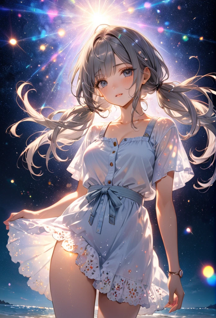 Highest quality　masterpiece　High resolution　Masterpiece Gray Eyes　Low twin tails、casual summer outfit　、flowerpunk、Sparkling light particles、Vivid gradient effect