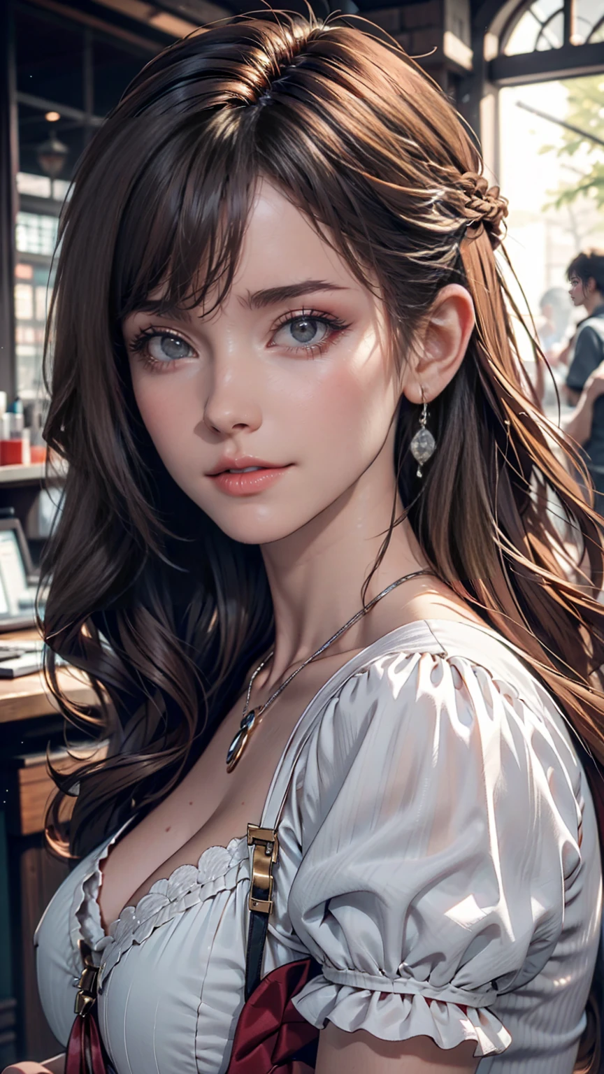 (Highest quality, masterpiece), One girl, beautiful girl, brown_eye, ((hair color [Silver hair], [前hairありのピクシーカット] hair)), Earrings, lips, Short sleeve,Realistic, Tight waist, Charm, Colorful Makeup, Long eyelashes, Fair skin, (cute), (Detailed Face), 詳細ed eye, Detailed iris, 