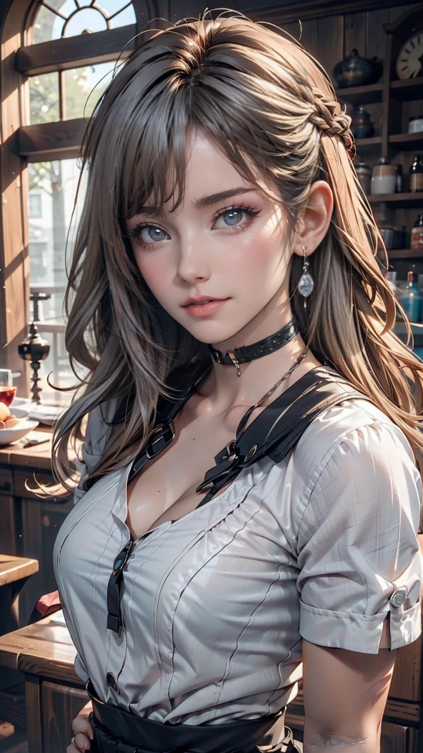 (Highest quality, masterpiece), One girl, beautiful girl, brown_eye, ((hair color [Silver hair], [前hairありのピクシーカット] hair)), Earrings, lips, Short sleeve,Realistic, Tight waist, Charm, Colorful Makeup, Long eyelashes, Fair skin, (cute), (Detailed Face), 詳細ed eye, Detailed iris, 