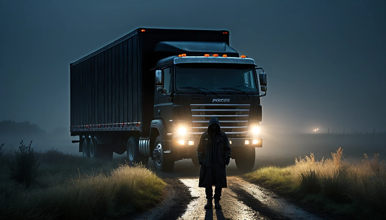 010: Create a hyper-realistic image of a large black truck stopped at a lonely crossroads in the middle of a dark, misty field at night. The truck's headlights create eerie shadows on the mist-covered ground. Pablo stands next to the truck, looking around with a mix of fear and determination. He is wearing a dark jacket and a cap. The crossroads are surrounded by tall, ghostly grass and distant, shadowy figures. The scene is filled with a sense of dread and uncertainty. The image should be in a 16:9 format, with soft shadows and highlights to enhance the spooky atmosphere.
