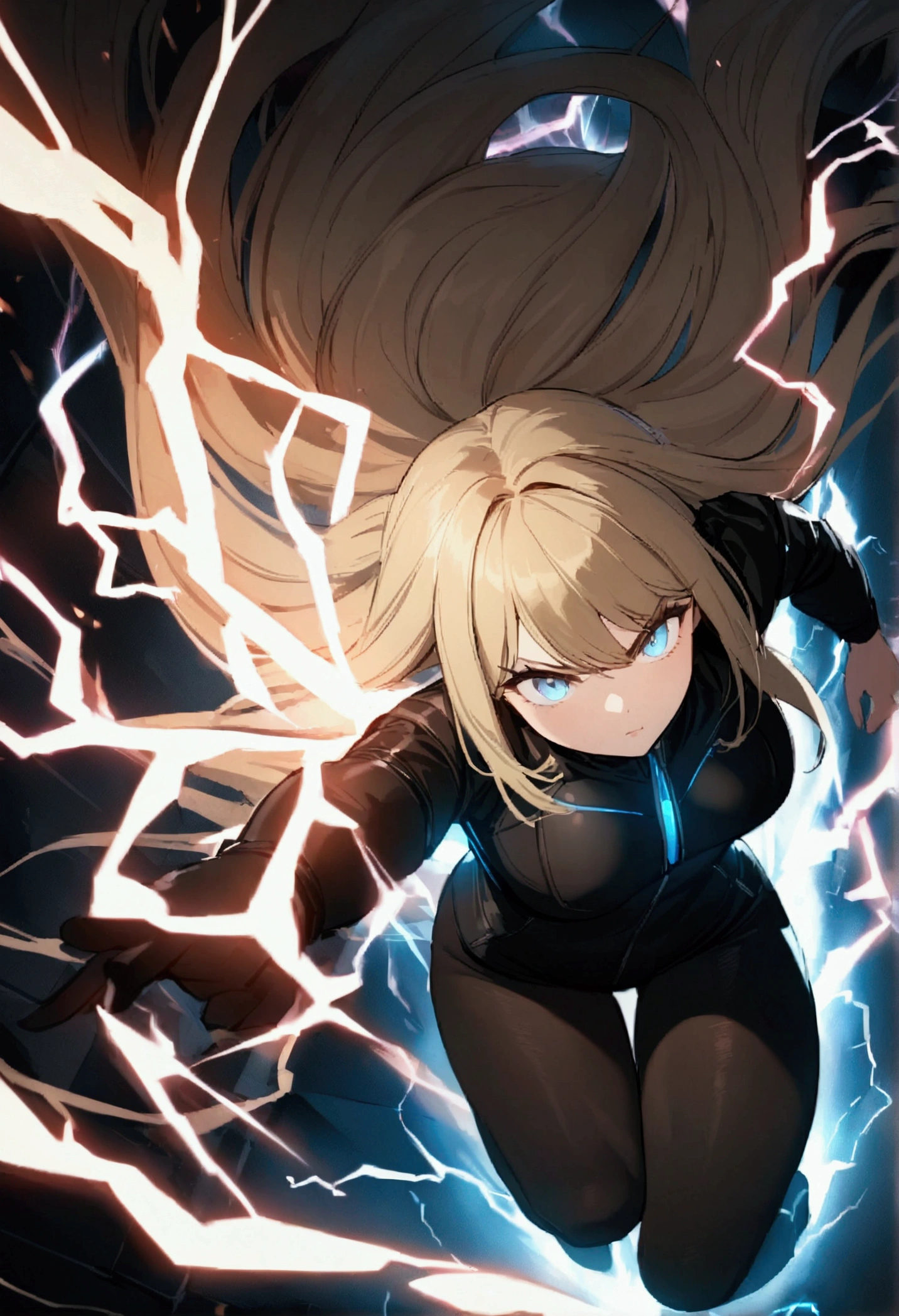 blonde, long flowing hair, cinematic, light blue eyes, glowing effect, electricity, 1 girl, beautiful girl, long tight dark black leggings, small open black jacket, jumping in air, epic, masterpiece, futuristic, flowing lightning energy around body, Lightning Glow effect, very detailed, action pose, from above view depth of field, muscle definition, normal sized legs.
