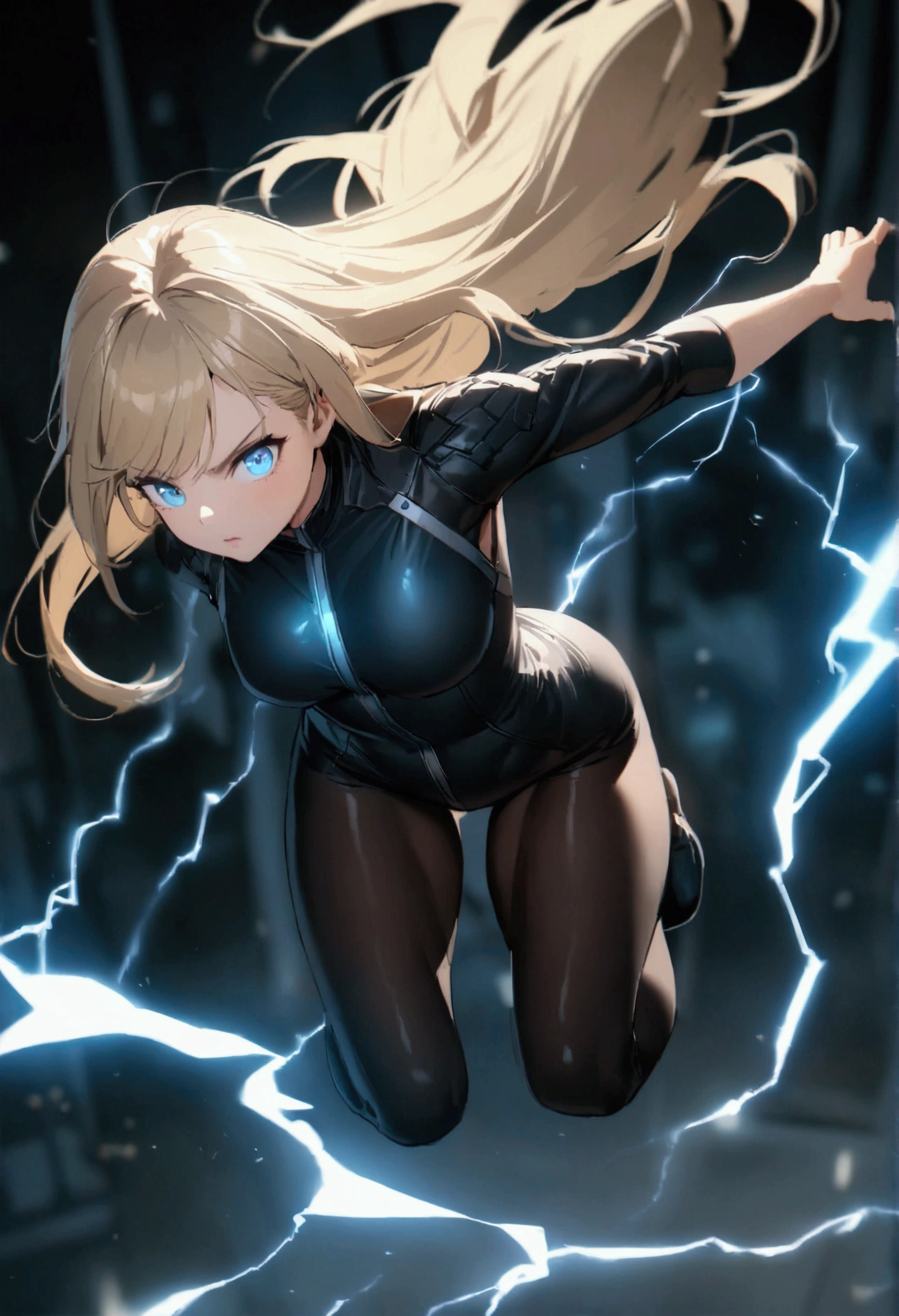 blonde, long flowing hair, cinematic, light blue eyes, glowing effect, electricity, 1 girl, beautiful girl, long tight dark black leggings, small open black jacket, jumping in air, epic, masterpiece, futuristic, flowing lightning energy around body, Lightning Glow effect, very detailed, action pose, from above view depth of field, muscle definition, normal sized legs.
