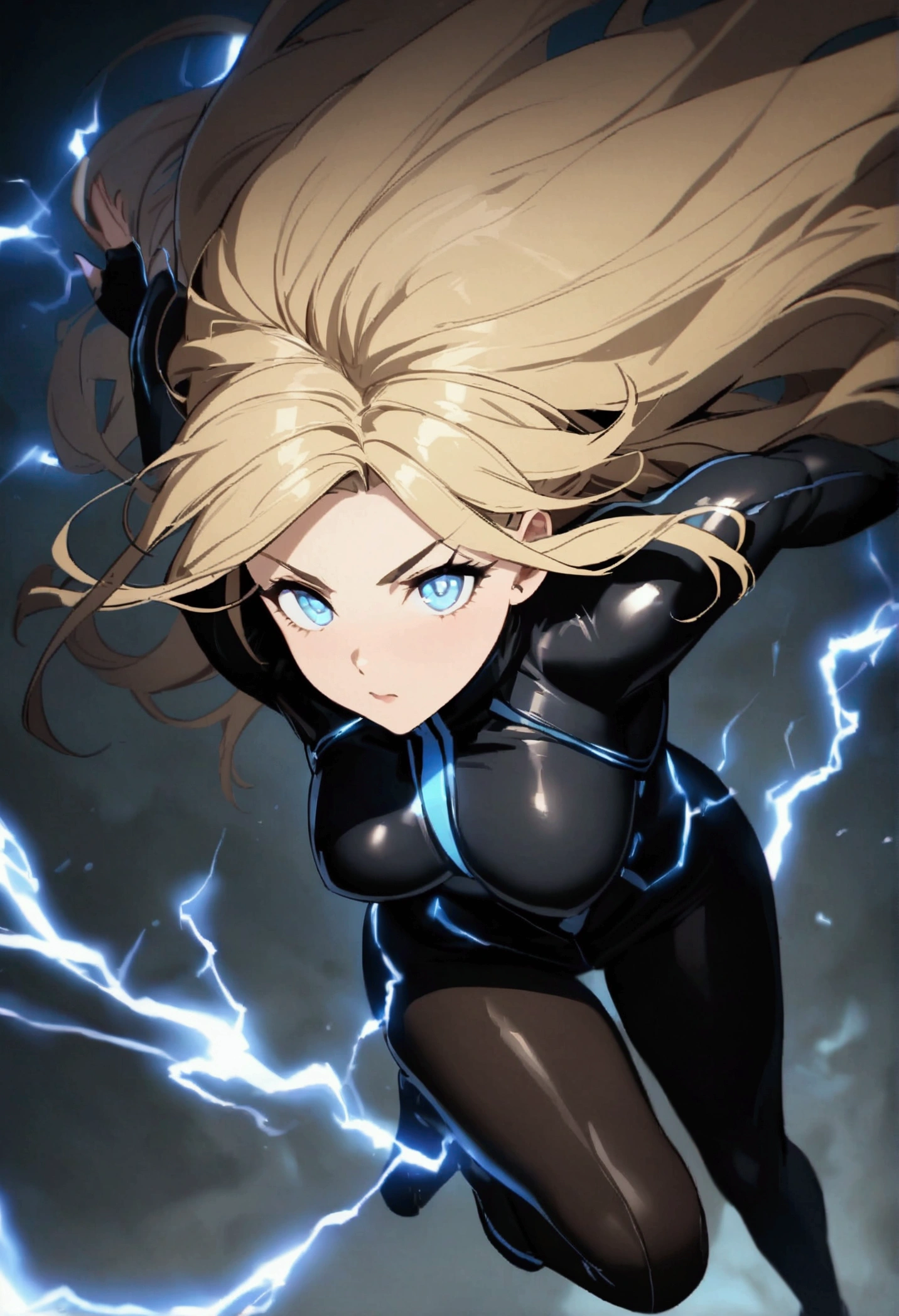 blonde, long flowing hair, cinematic, light blue eyes, glowing effect, electricity, 1 girl, beautiful girl, long tight dark black leggings, small open black jacket, jumping in air, epic, masterpiece, futuristic, flowing lightning energy around body, Lightning Glow effect, very detailed, action pose, from above view depth of field, muscle definition, normal sized legs.