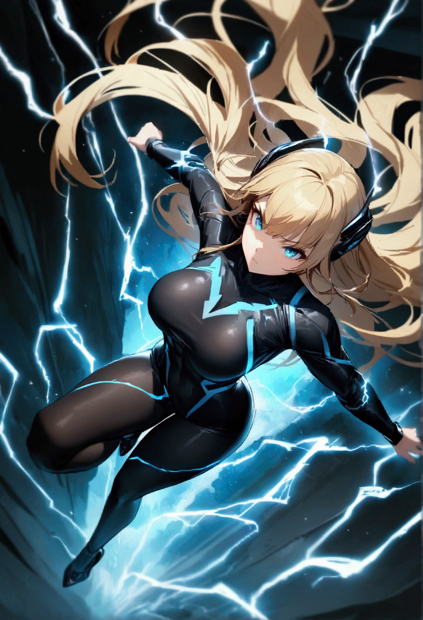 blonde, long flowing hair, cinematic, light blue eyes, glowing effect, electricity, 1 girl, beautiful girl, long tight dark black leggings, small open black jacket, jumping in air, epic, masterpiece, futuristic, flowing lightning energy around body, Lightning Glow effect, very detailed, action pose, from above view depth of field, muscle definition, normal sized legs.