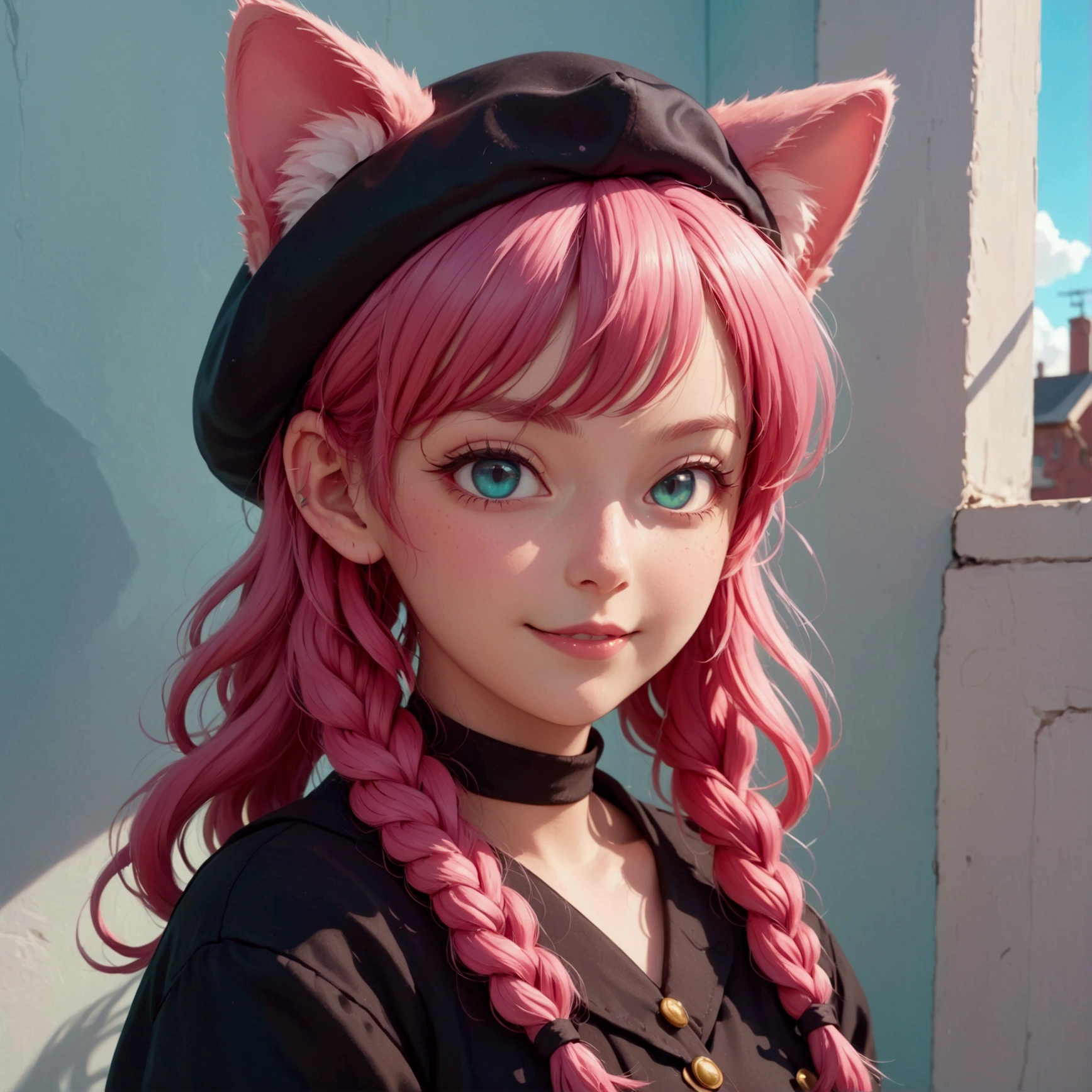 fake Animal ears, A light smile, Redness in the ears, tooth, Pink Hair, bangs, Curly Hair, Side braid, Hello, beret, Animal ears, Cat ear, Surrealism, Cast a Shadow, Anaglyph, Stereogram, tachi-e, throw, Atmospheric perspective, 8k, Super Detail, Accurate, Highest quality