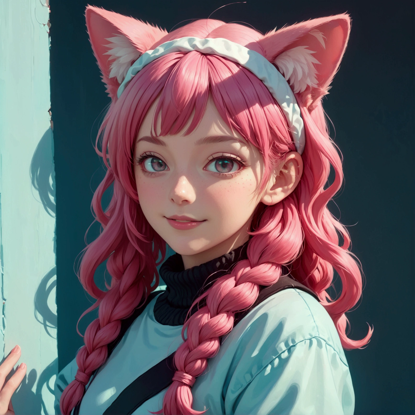 fake Animal ears, A light smile, Redness in the ears, tooth, Pink Hair, bangs, Curly Hair, Side braid, Hello, beret, Animal ears, Cat ear, Surrealism, Cast a Shadow, Anaglyph, Stereogram, tachi-e, throw, Atmospheric perspective, 8k, Super Detail, Accurate, Highest quality