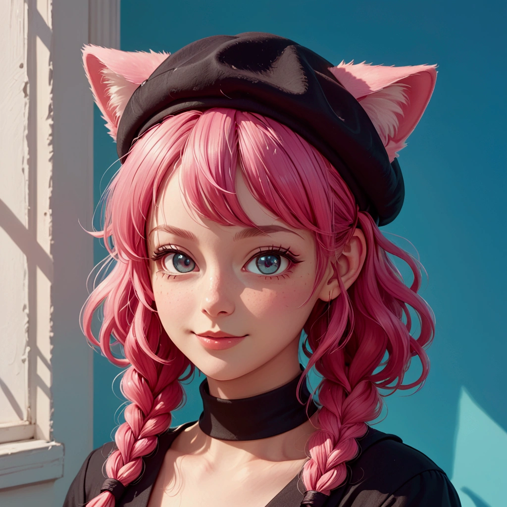 fake Animal ears, A light smile, Redness in the ears, tooth, Pink Hair, bangs, Curly Hair, Side braid, Hello, beret, Animal ears, Cat ear, Surrealism, Cast a Shadow, Anaglyph, Stereogram, tachi-e, throw, Atmospheric perspective, 8k, Super Detail, Accurate, Highest quality