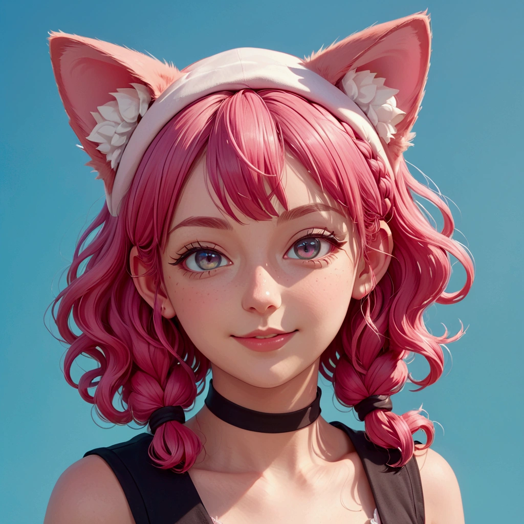 fake Animal ears, A light smile, Redness in the ears, tooth, Pink Hair, bangs, Curly Hair, Side braid, Hello, beret, Animal ears, Cat ear, Surrealism, Cast a Shadow, Anaglyph, Stereogram, tachi-e, throw, Atmospheric perspective, 8k, Super Detail, Accurate, Highest quality