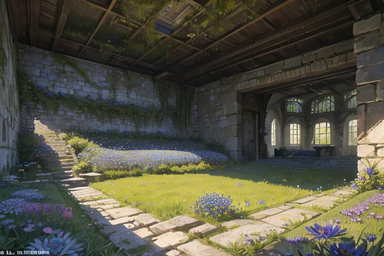 extremely overgrown haven walled off from the world with very tall dilapidated stone walls, spacious rectangular enclosed interior with tall grass, blue daisies flowers, sharp focus, detailed, best quality