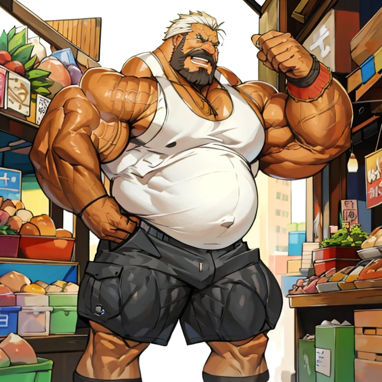 a huge muscular old man, extremely detailed muscular body, muscular gut, confused facial expression, standing in a modern marketplace, wearing a tank top and shorts