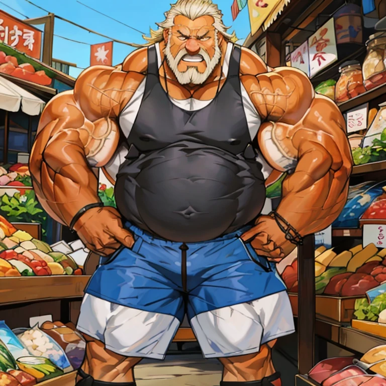 a huge muscular old man, extremely detailed muscular body, muscular gut, confused facial expression, standing in a modern marketplace, wearing a tank top and shorts