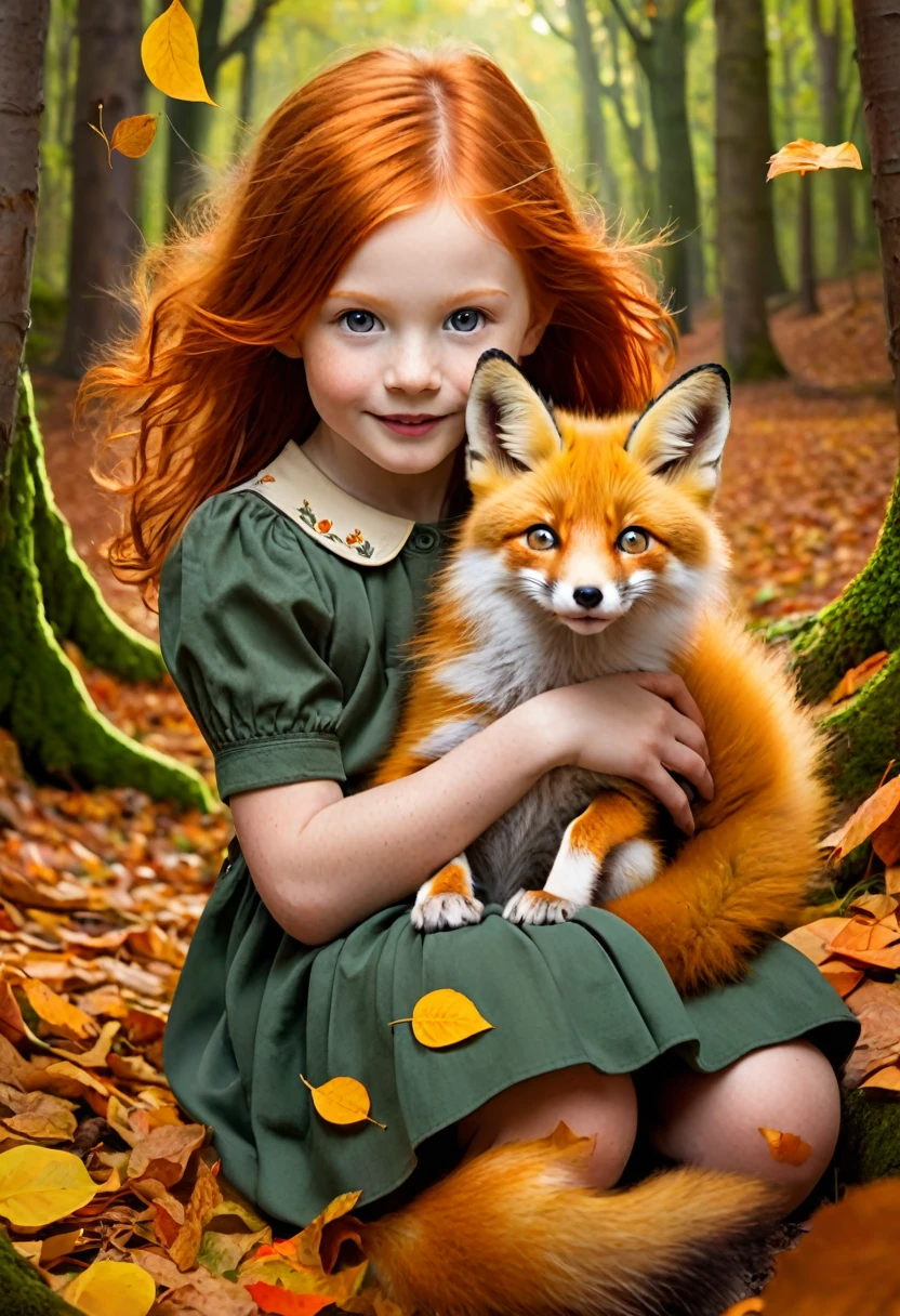 create image of a five year old . Redhead with orange eyes carrying a fox cub on her lap. They are in the forest and all around are falling leaves. it&#39;s autumn