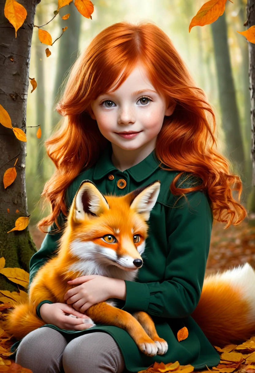 create image of a  . Redhead with orange eyes carrying a fox cub on her lap. They are in the forest and all around are falling leaves. it&#39;s autumn