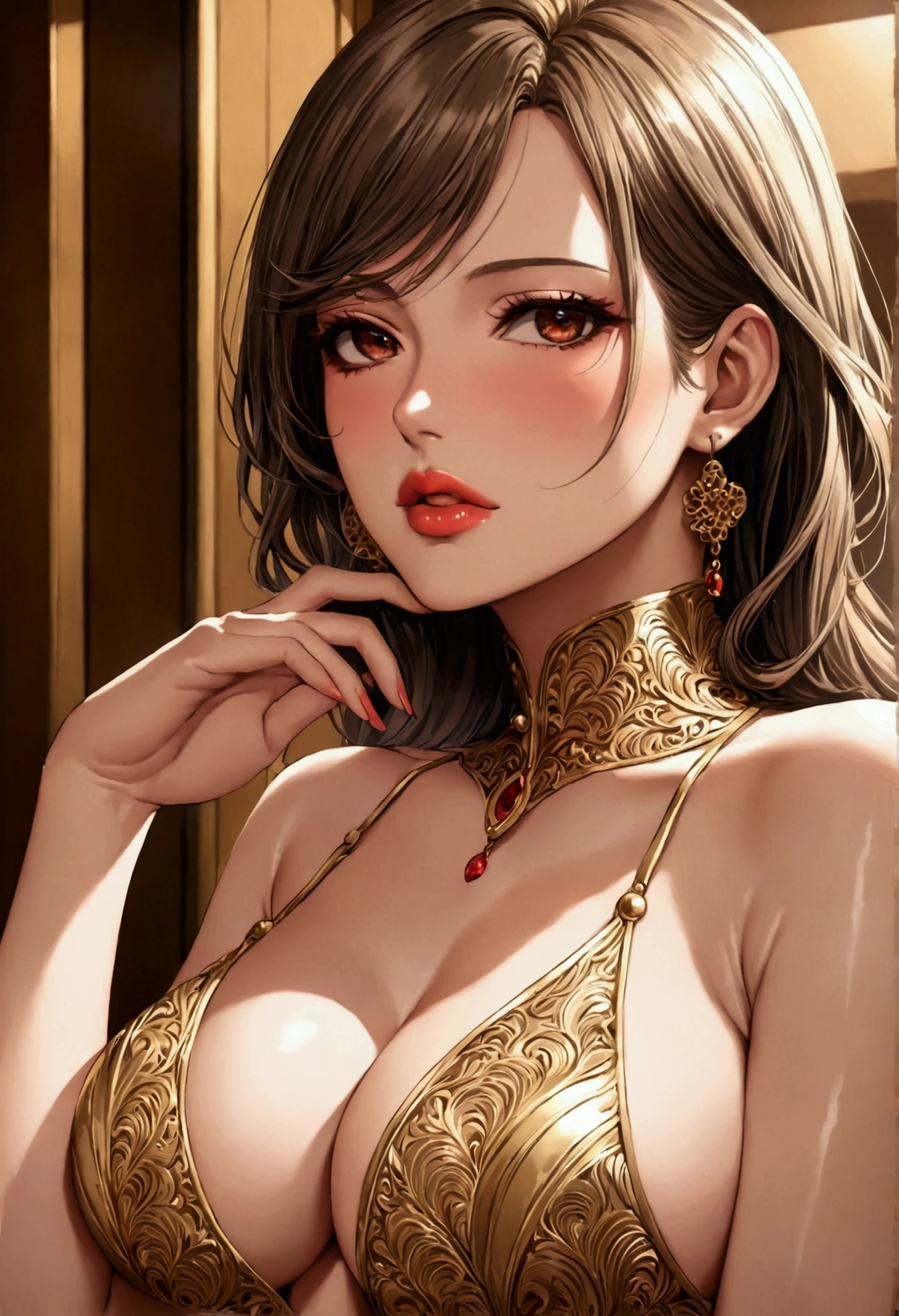 Mature women,adult sexy face, seductive body, blushing, looking at , grabbing ,tight outfit,sexy,sexy,big, masterpiece,ultra highly detailed face and body, seductive, perfect face, perfect lips, masterpiece,best artist,anime screenplay