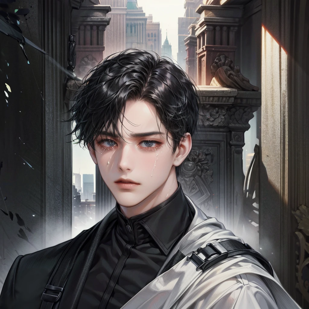 1boy, black hair, blindfolded, wearing all black suits, on top of a building, crying, high res, ultrasharp, 8k, masterpiece, looking at viewer from behind