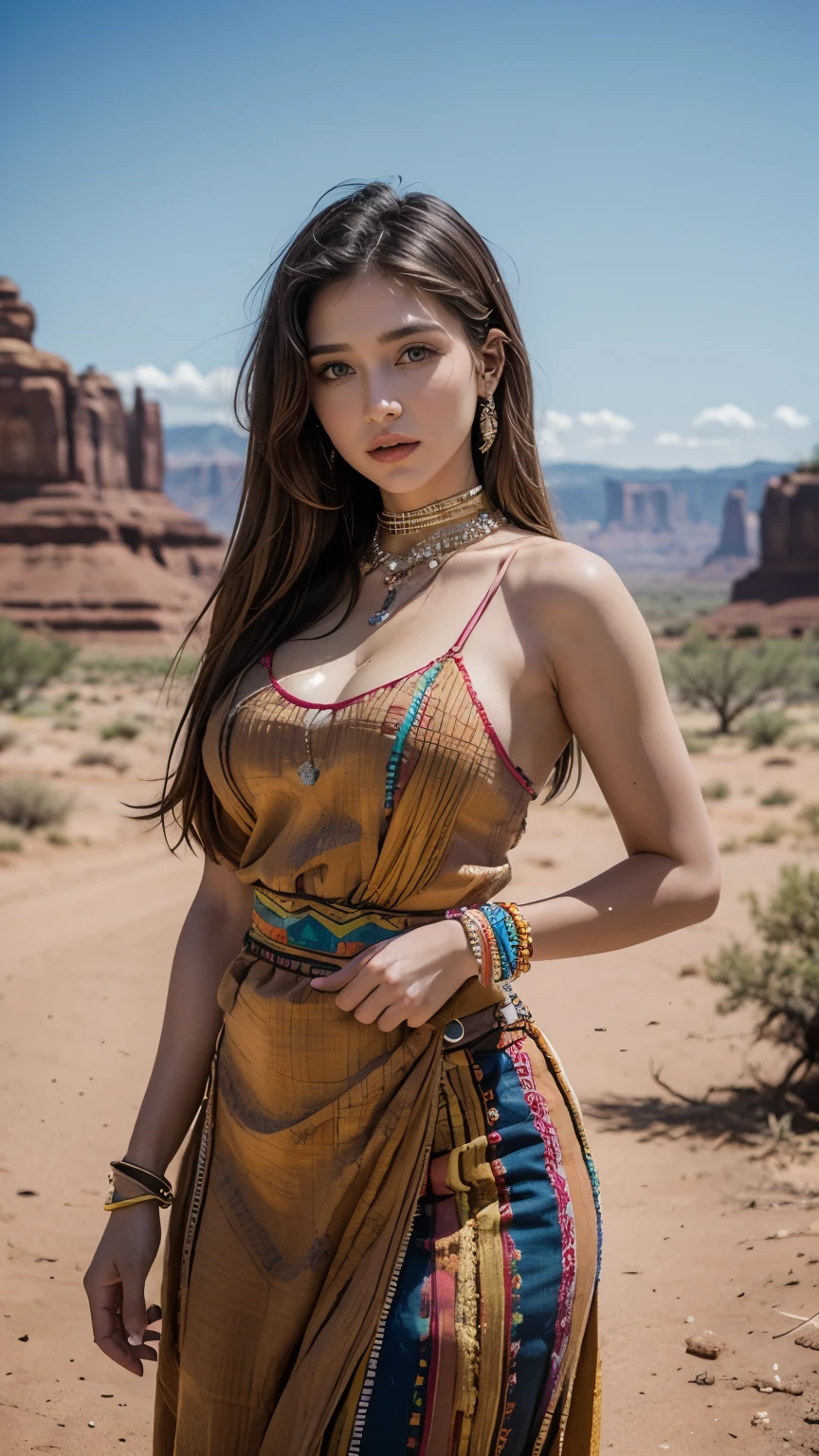 Lucy Pinder in vibrant colors wearing the traditional costume of the Navajo tribe but with a lot of sensuality. Set in the stunning landscapes of the American Southwest, portray her adorned in vibrant colors and intricate patterns of Navajo fabrics and jewelry, embodying the resilience and beauty of Navajo culture."