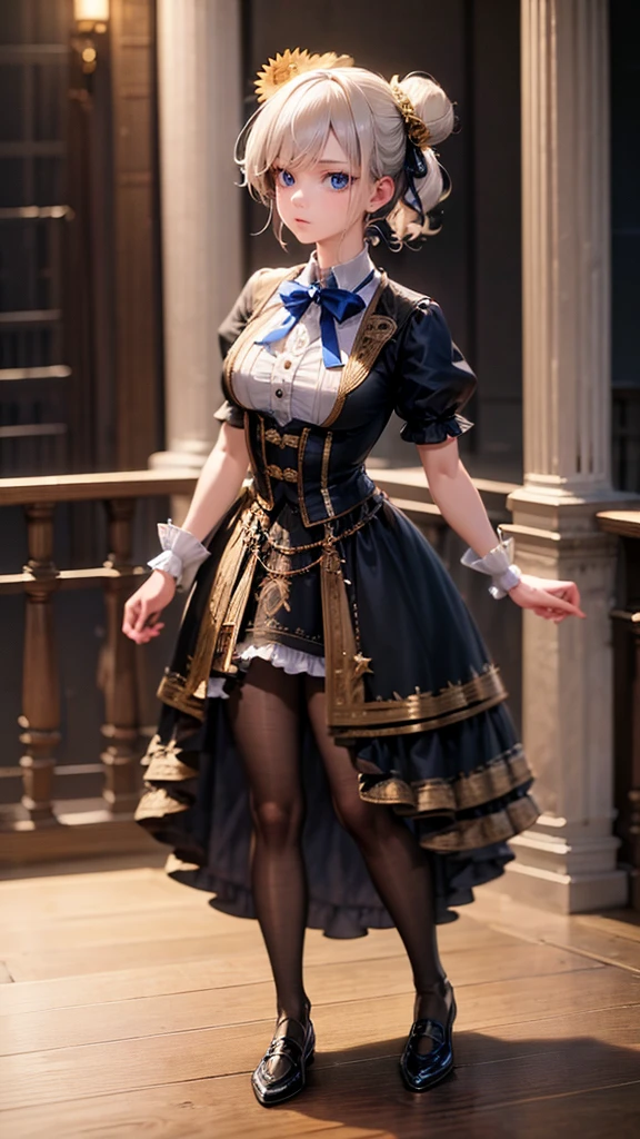 A marionette, beautiful detailed eyes,beautiful detailed lips,extremely detailed eyes and face,longeyelashes,white hair,blue eyes,short hair in bun with flowers,victorian style dress,extremely detailed clothes,little, little waist,no bust,neutral expression, strings, on a stage in a classical theater,4k wallpaper,high quality render,super detailed render,2D,super detailed,high quality,4k,HD,high quality hair, full body 
