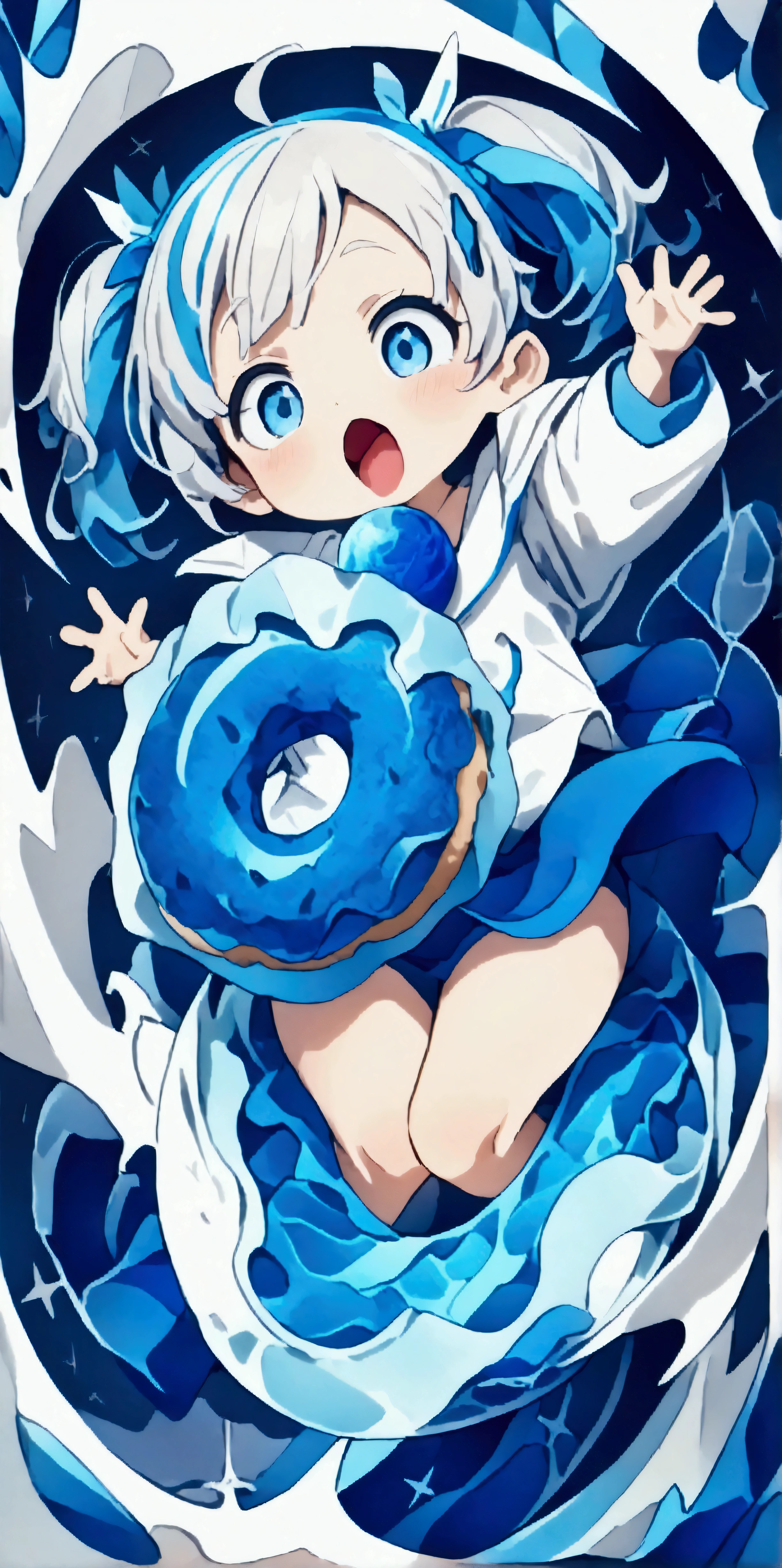 quality\(masterpiece, best quality,8k,wallpaper of extremely detailed CG unit,hight resolution,top-quality,top-quality real texture skin,hyper realisitic,increase the resolution,RAW photos,best qualtiy,highly detailed,the wallpaper\), BREAK ,solo,1girl\(cute,kawaii,,twin tails hair,cute clothes,open mouth, big eyes,shining eyes,shining hair,(biting big (blue marble donut:1.5))\),dynamic pose,dynamic angle\),simple cute pop background\(mark\(heaart,star,music_note\)\),close_up donut