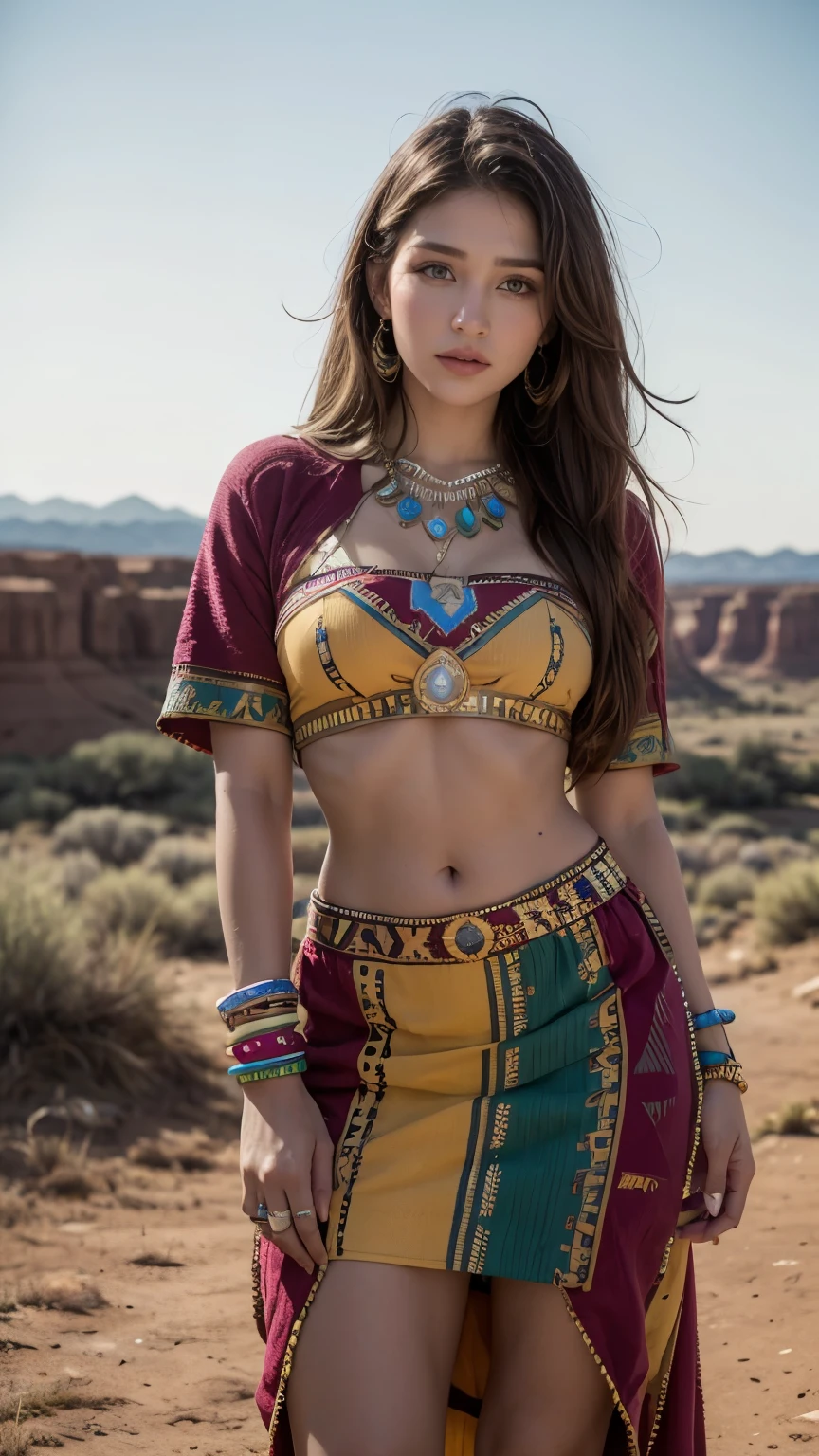 Lucy Pinder in vibrant colors wearing the traditional costume of the Navajo tribe. Set in the stunning landscapes of the American Southwest, portray her adorned in vibrant colors and intricate patterns of Navajo fabrics and jewelry, embodying the resilience and beauty of Navajo culture."