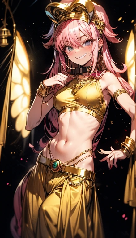 A smug narcissistic pink haired woman wearing a golden bra and golden pants and lots of jewelry flaunting herself