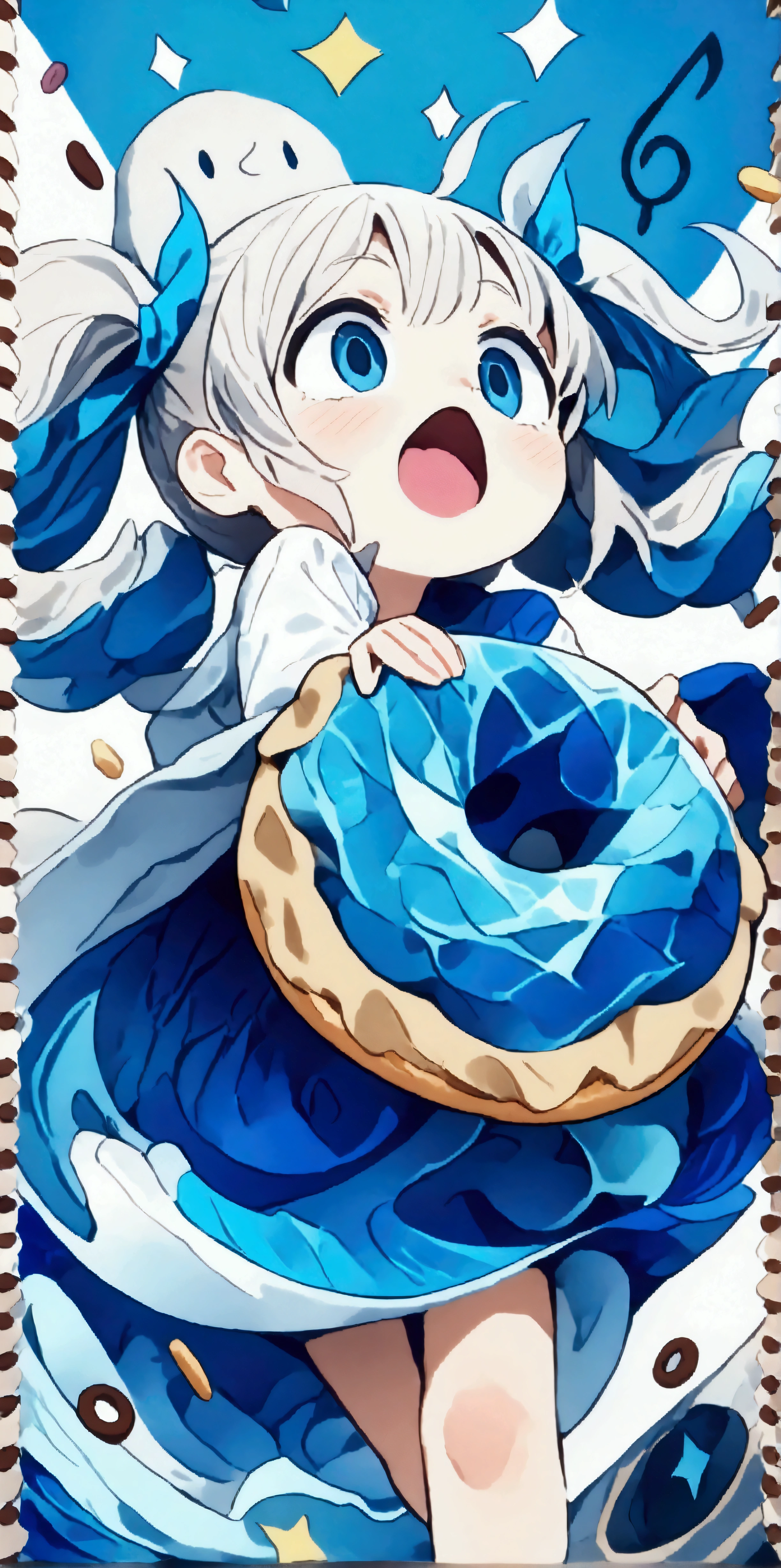 quality\(masterpiece, best quality,8k,wallpaper of extremely detailed CG unit,hight resolution,top-quality,top-quality real texture skin,hyper realisitic,increase the resolution,RAW photos,best qualtiy,highly detailed,the wallpaper\), BREAK ,solo,1girl\(cute,kawaii,small ???,twin tails hair,cute clothes,open mouth, big eyes,shining eyes,shining hair,(biting big (blue marble donut:1.5))\),dynamic pose,dynamic angle\),simple cute pop background\(mark\(heaart,star,music_note\)\),close_up donut