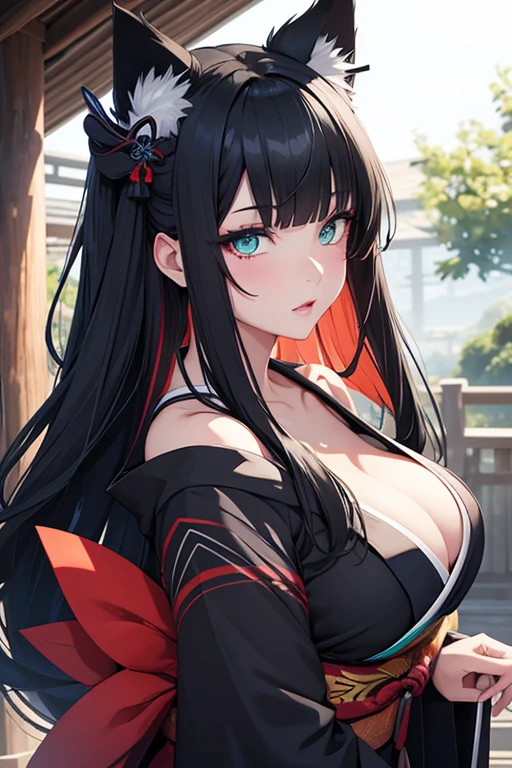 nine tailed girl, blue and green eyes, corpulent, full lips, long bluish black hair, black wolf ears, black white and red shoulder-to-shoulder yukata kimono.]