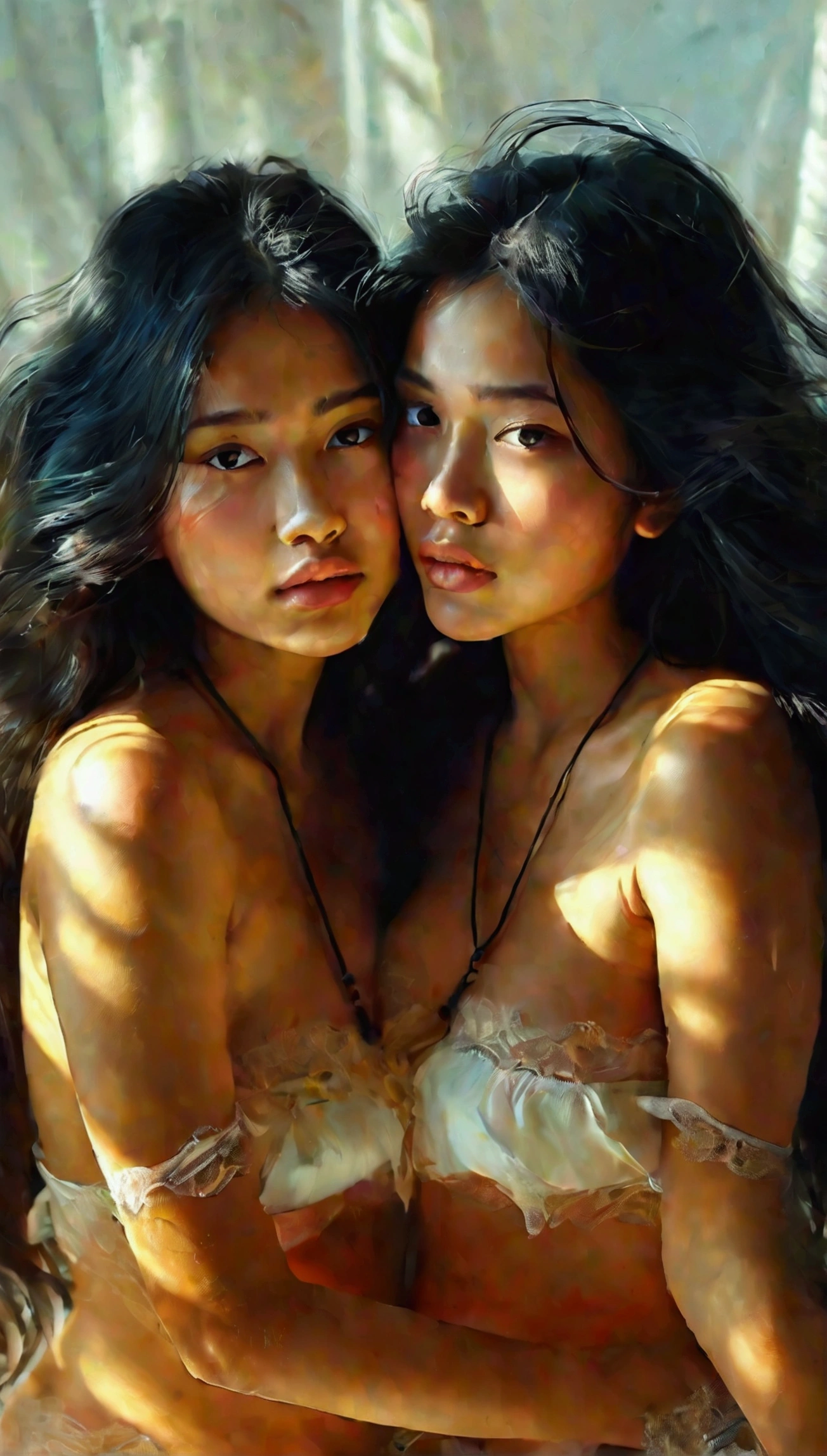 Two very beautiful naked Indonesian girls with very hairy armpits and sixpack abs kissing