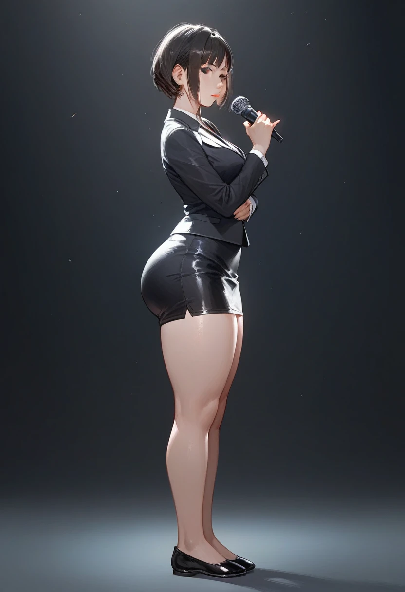 (score_9,score_8_up,score_7_up) 1lady asian, solo, mature female, (black short hair), bob hairstyle, bangs, almond eyes, (suit), tight black blazer, (tight pencil_skirt), blank expression, pale, ((thick thighs)) ((flatshoes, black footwear)) ((wide hips)) standing upright, full body shown, holding microphone, news reporter, busty, thick legs, thick thighs pressed together, asian woman, hourglass bodyfigure, staring at camera, asian details, facing forward, detailed face, staring, side view, plump butt