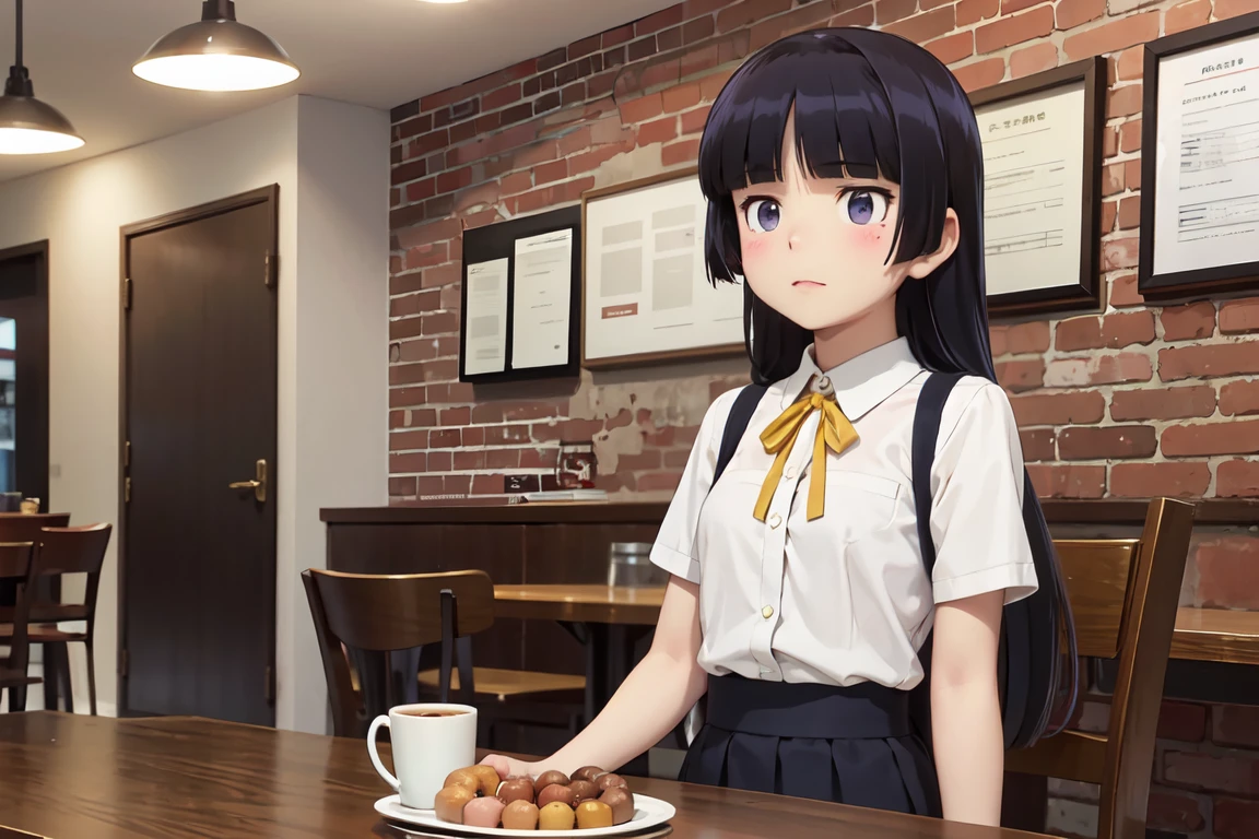 (donutを食べる), donut, Cafe, Retro interior, table, Sit on a chair,tray, donutが盛られたtray, drink, Cup, donutを手に持って微笑む, Vibrant colors, Faded red brick wall, Stylish lighting, American style design, (ruri gokou), girl, (alone), Hime cut, Black socks, Short sleeve, Grey Skirt, Hime cut, push into, White shirt, Collared shirt, Yellow ribbon, , masterpiece,
