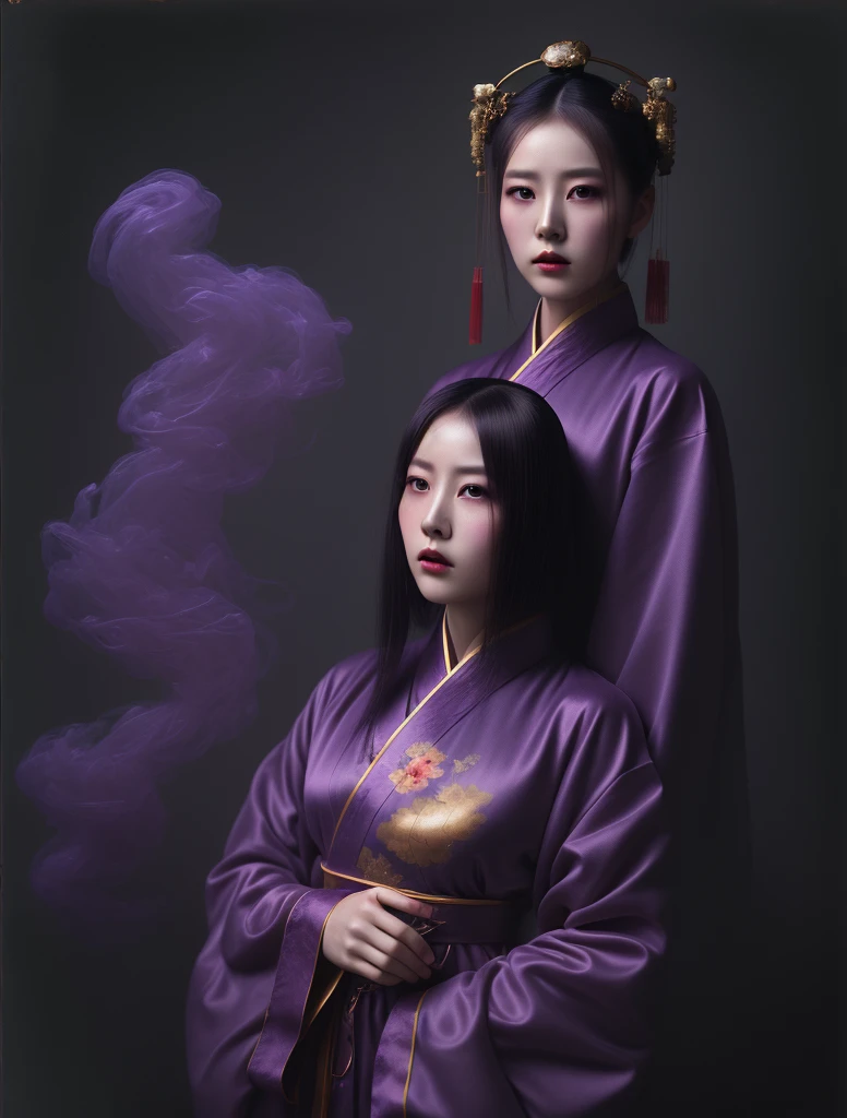 , [ (art by Hein Gorny:1.0) :art by Miss Aniela:14], photograph, Tangible Chinese (Female:1.1) , wearing [Cloth:Nylon:15] robe with teriyaki images, Smoky Conditions, Lustful, Decopunk, film grain, film camera, Circular polarizer, dark violet color grading, Golden ratio, UHD, beautiful,  