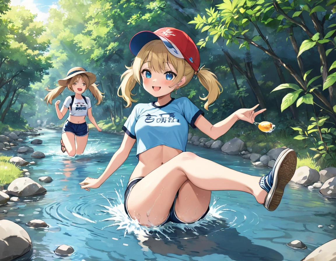 Highest quality、High resolution、Detailed Background、(Beautiful face in every detail:1.4)Normal number of fingers、Detailed facial expressions、(Detailed eyes:1.2)、age Beauty、Light blue long hair、Twin tails 、編み込みTwin tails、cute仕草をする、Innocent joy、Feel the nature、A cool day to swim in the river、
(Two girls enjoying a cool swim in the river:1.5)、
Under the scorching summer sun、I can hear the river babbling、Everybody starts running、The Shiba Inu also starts running.、
Take off your shoes and dip your feet in the water and smile..、Enjoy a relaxing moment in the cool water、
Children collecting stones, Throw into water, Splashing and cheering.、浮き輪に乗って流れを感じ大はしゃぎする姿がcute、
Eating lunch in the shade of a tree helps relieve fatigue.、Enjoy the pleasant breeze and nature、Let's make fun memories.、Everyone is smiling、It was a day of swimming in the river that was both physically and mentally fulfilling..、
Rash guard、Shorts、Sandals、Sun Cap、Short sleeve T-shirt、Shorts、sneakers、rucksack、cute
