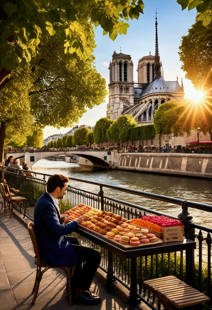 high quality,Realistic photoasterpiece， Vibrant street artists, French bakery offering fresh croissants, Stylish Parisian fashion, Beautiful boat cruise on the river, An elegant Parisian landmark, Breathtaking city views, Vibrant street market, Portrait painter, Narrow streets full of history and charm, The Magnificence of Notre Dame Cathedral, Street performer playing the accordion, Lively conversation at a local brasserie, Stylish Parisian architecture, An elegant bridge over the Seine, A spectacular display of macarons at a patisserie, The rich aroma of freshly brewed coffee, Vintage merry-go-round in the park, Sculptures and art installations in public spaces, A charming bookstore where you can enjoy books and coffee, View of an artist and his easel from Montmartre, Romantic sunset picnic by the river, The vibrant atmosphere of the Champs-Élysées, Cozy corner cafe with vibrant outdoor seating. (最high quality, High resolution, Very detailed), (Realistic, photoRealistic:1.37), Vibrant colors, Bright summer morning，Sparkling natural light.