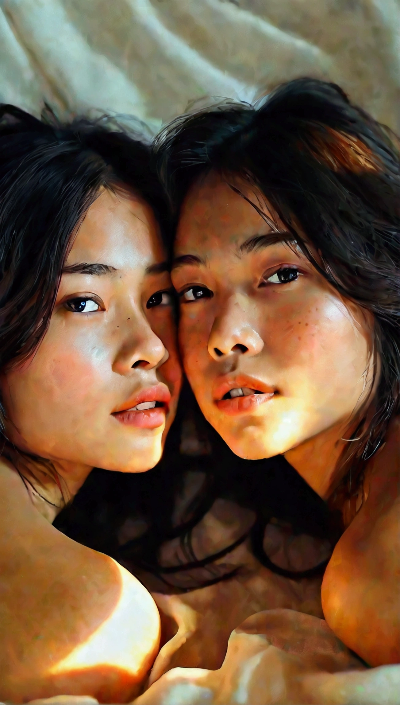 Two very beautiful naked Indonesian girls with very hairy armpits and sixpack abs kissing