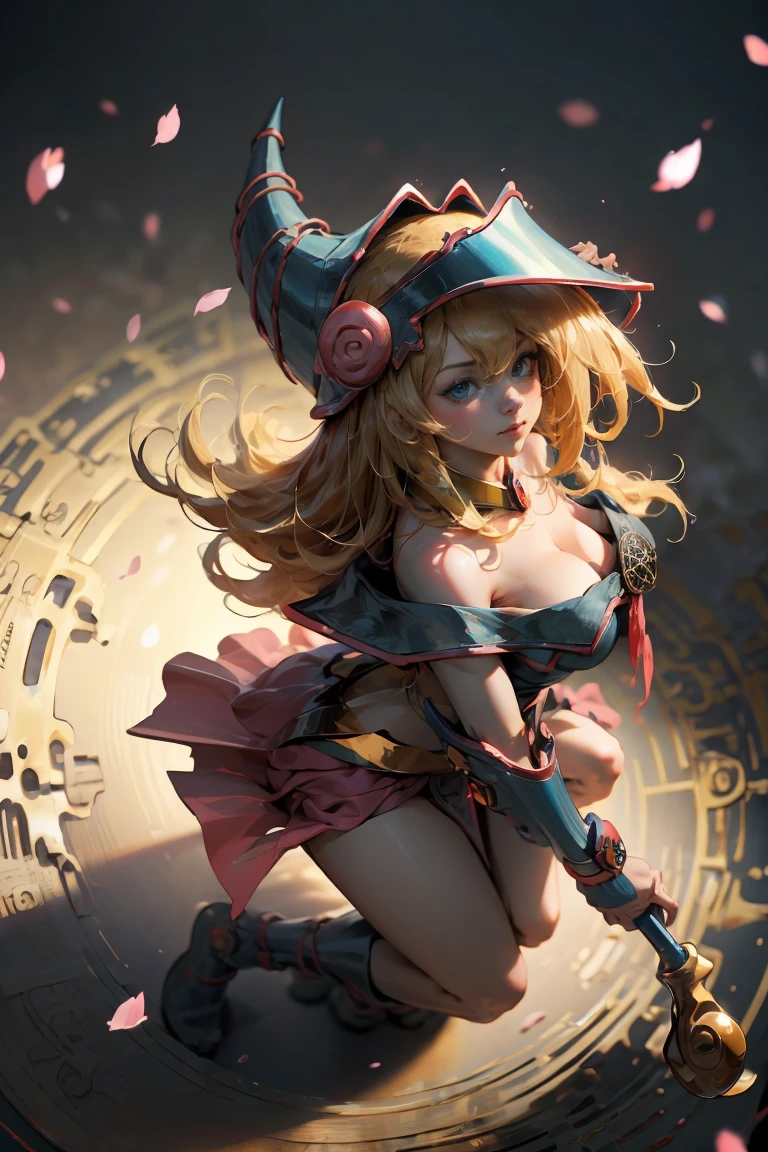 (masterpiece:1.2), (The best quality:1.2), perfect lighting, dark magician gils girl, Long blonde hair. in his twenties, arching her back in a sexy and seductive pose, accentuated super huge enormously big , neckline, beautiful open kimono, oni horns and hair ornaments, from above, cherry blossoms waving in the wind, very long red hair, sitting opening legs. Shinto shrine background, neckline profundo mostrando