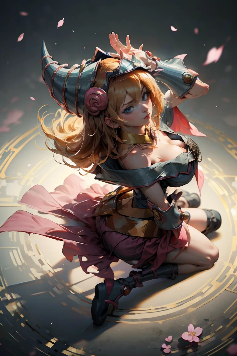 (masterpiece:1.2), (The best quality:1.2), perfect lighting, dark magician gils girl, Long blonde hair. in his twenties, arching her back in a sexy and seductive pose, accentuated super huge enormously big , neckline, beautiful open kimono, oni horns and hair ornaments, from above, cherry blossoms waving in the wind, very long red hair, sitting opening legs. Shinto shrine background, neckline profundo mostrando 