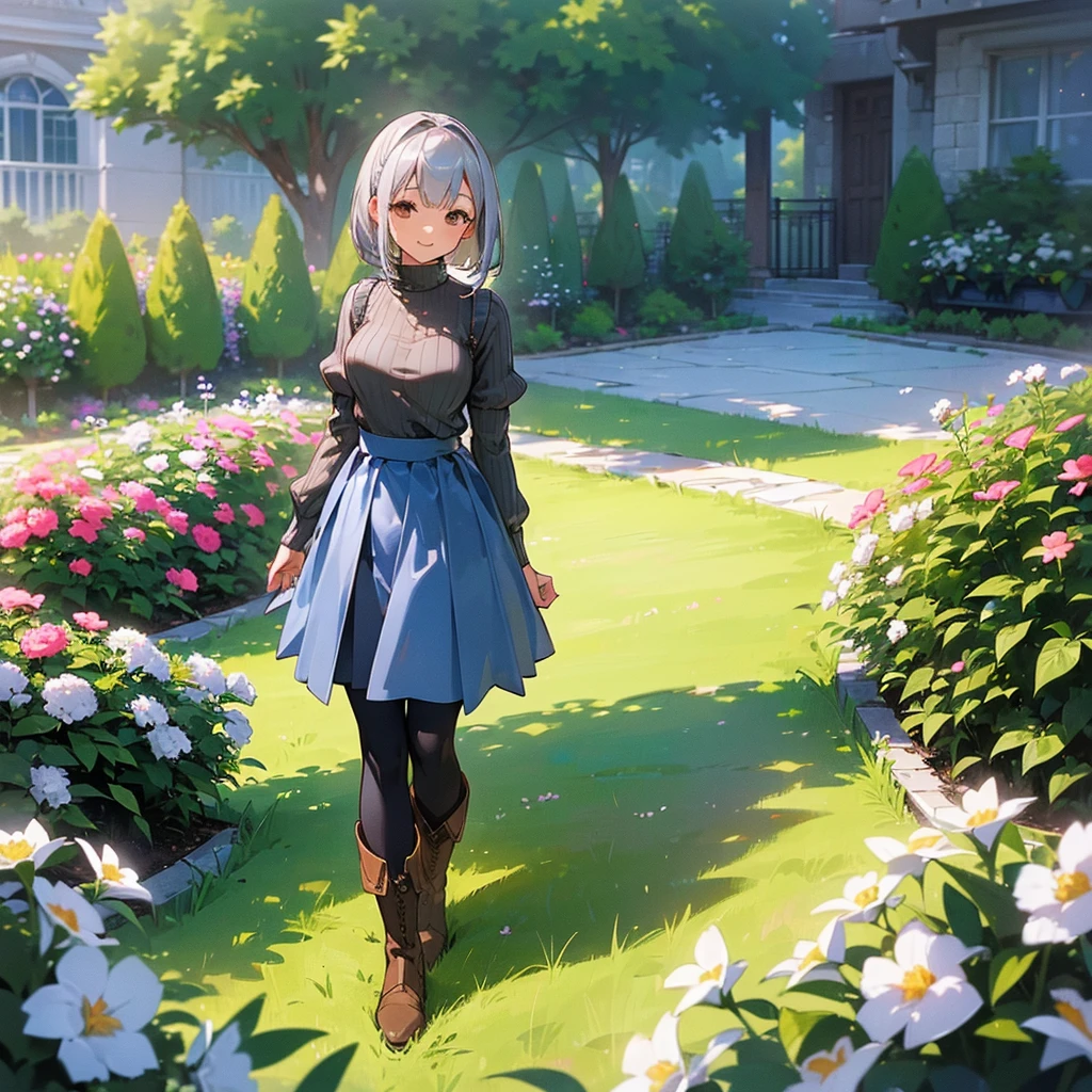 (high quality, High resolution, Very detailed, reality:1.37), Peaceful atmosphere, (Outdoor, garden), girl standing alone, (my breasts are big.), Beautiful details, Cute Smile, (Silver Hair Bob Hair), Ribbed sweater, Blue Skirt, Black tights, Brown boots.