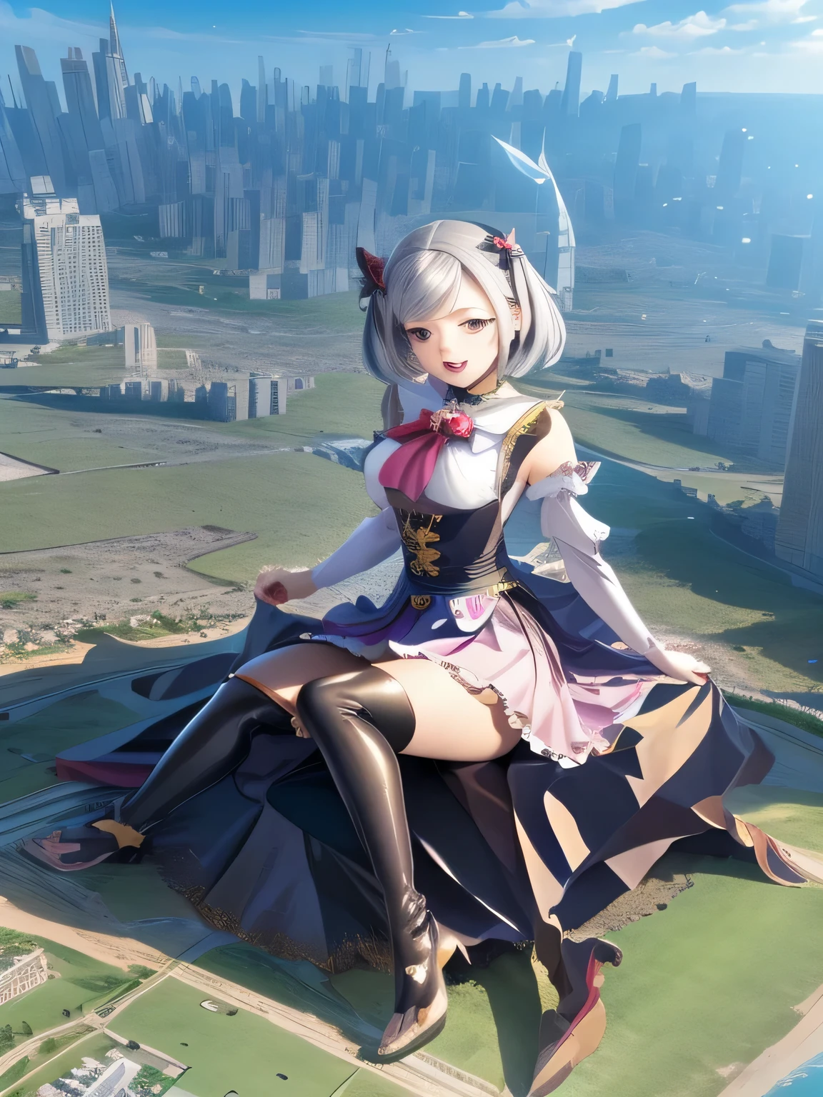 multiple girls, 3girls, standing, giantess art, highly detailed giantess shots, giantess, most detailed, perfect face, Two legs, Five fingers, short hair, A beautiful girl who is bigger than a skyscraper, Wearing rimless glasses, smile, huge breasts, magical girl dress, bow, magical girl, holding a magical wand, black pantyhose, stiletto heels, thunderbolt from a magical wand, seaside metropolis, numerous miniature warships on the sea, Destroying cities, Under heavy attack, A very small big city, Miniature metropolis, Full body description, GTS, giga giantess, gigagts, stomping city, crash city, tiny city, micro city, pantyhose feet, High resolution, highest quality, masterpiece, 