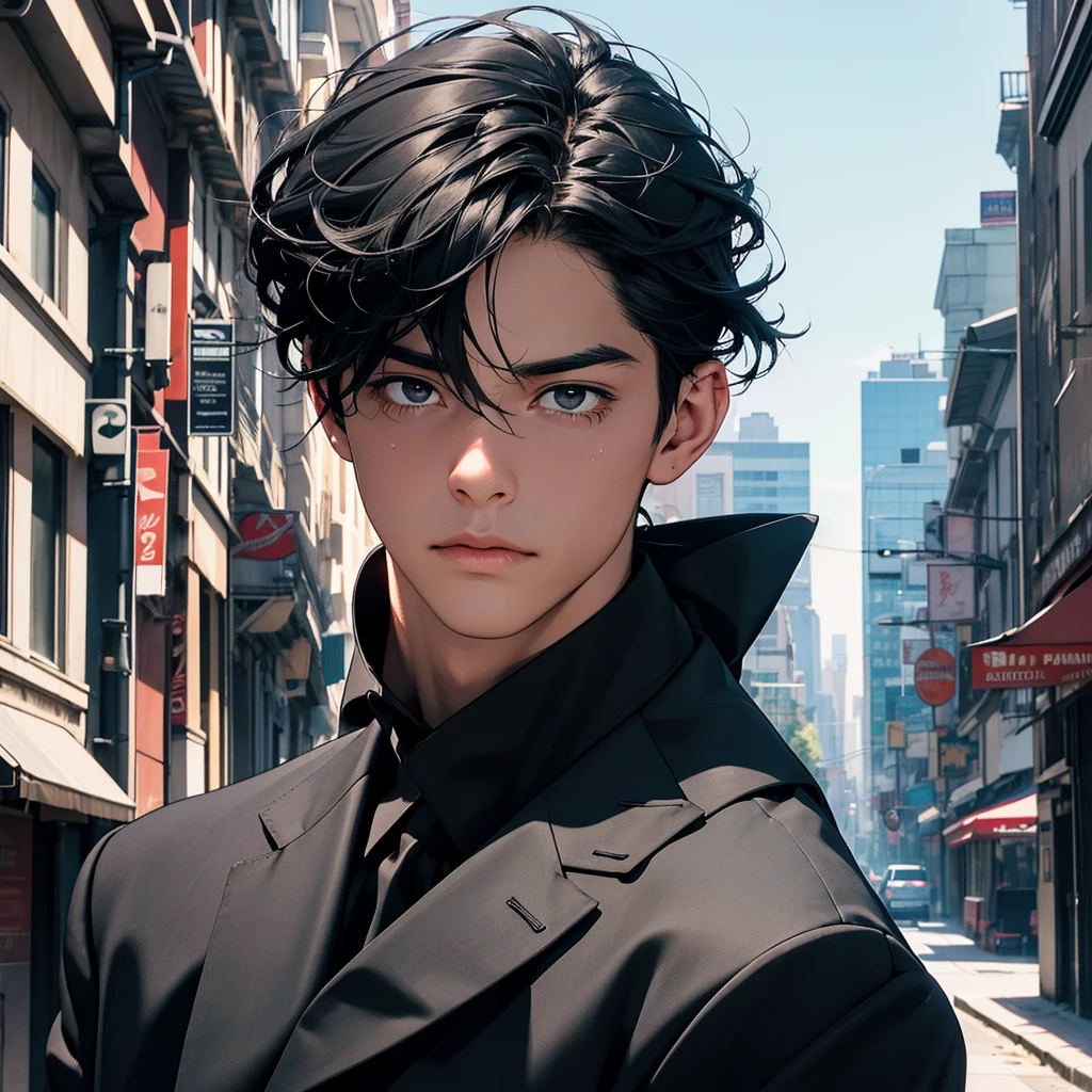 1boy, black hair, blindfolded, wearing all black suits, on top of a building, crying, high res, ultrasharp, 8k, masterpiece, looking at viewer from behind