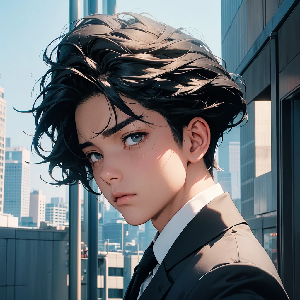 1boy, black hair, blindfolded, wearing all black suits, on top of a building, crying, high res, ultrasharp, 8k, masterpiece, looking at viewer from behind