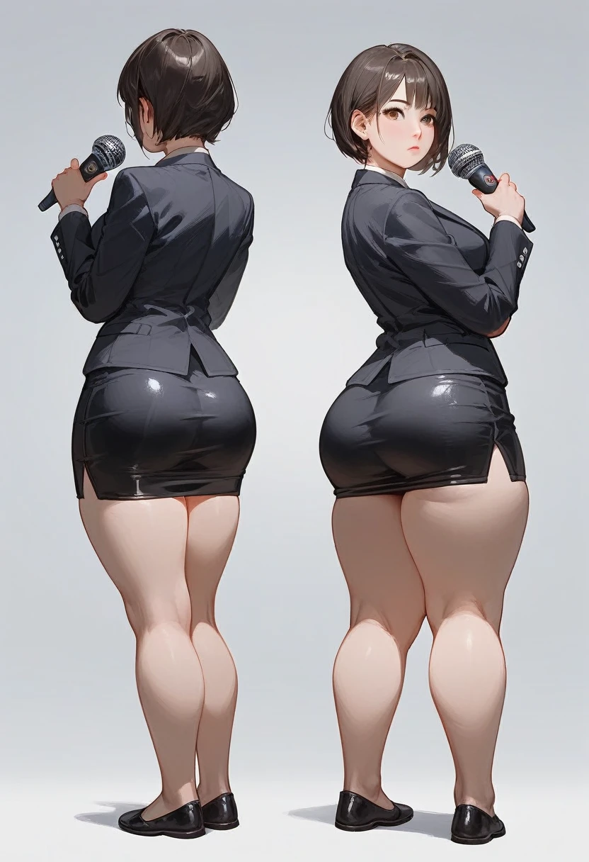 (score_9,score_8_up,score_7_up) 1lady asian, solo, mature female, (black short hair), bob hairstyle, bangs, almond eyes, (suit), tight black blazer, (tight pencil_skirt), blank expression, pale, ((thick thighs)) ((flatshoes, black footwear)) ((wide hips)) standing upright, full body shown, holding microphone, news reporter, busty, thick legs, thick thighs pressed together, asian woman, hourglass bodyfigure, staring at camera, asian details, facing forward, detailed face, staring, side view, plump butt