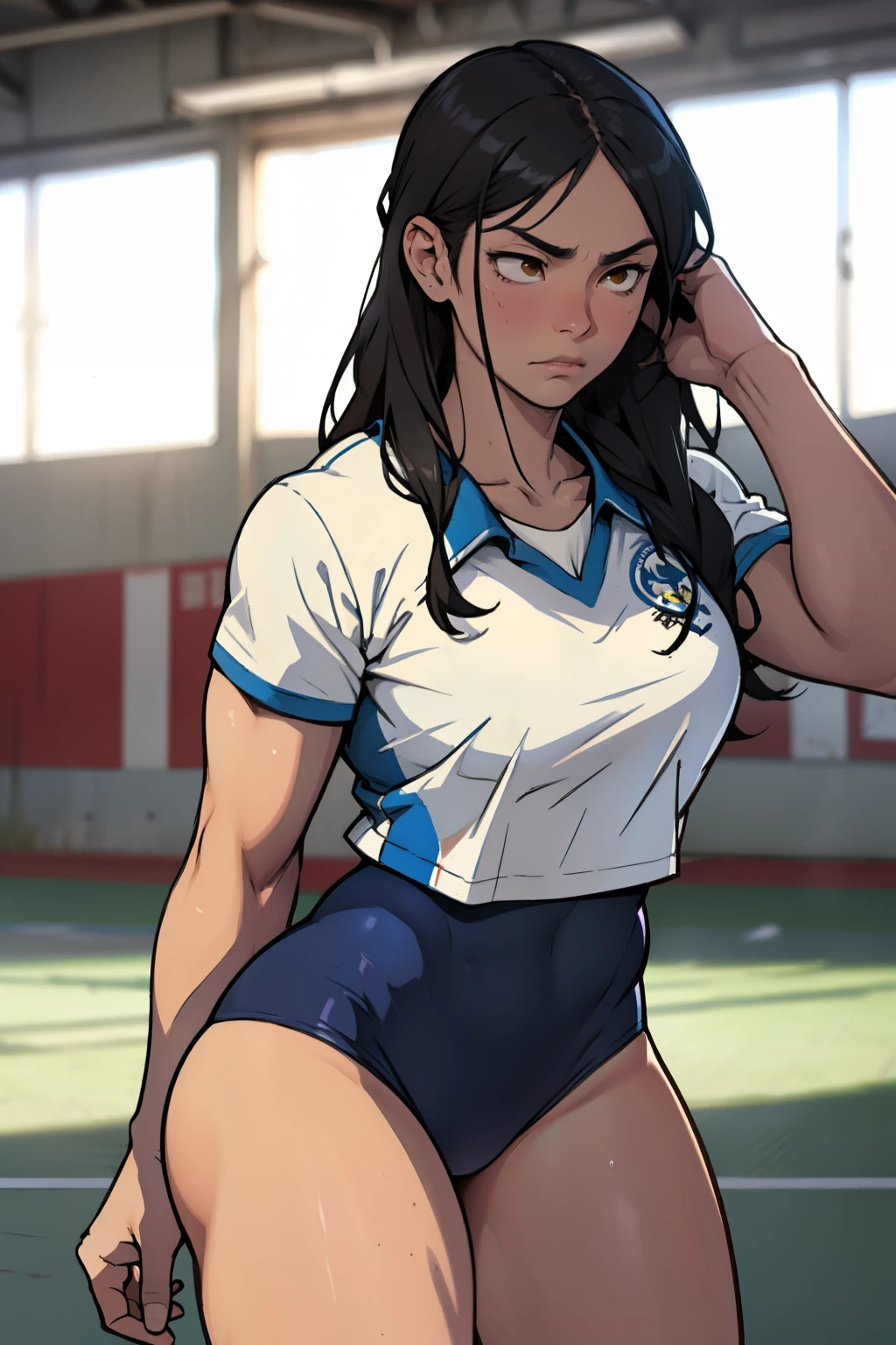 serious look sad girl empty eyes collant gymnastic gymnasium thick thick thick large breasts muscular girl black hair yellow eyes pale skin sharp focus 