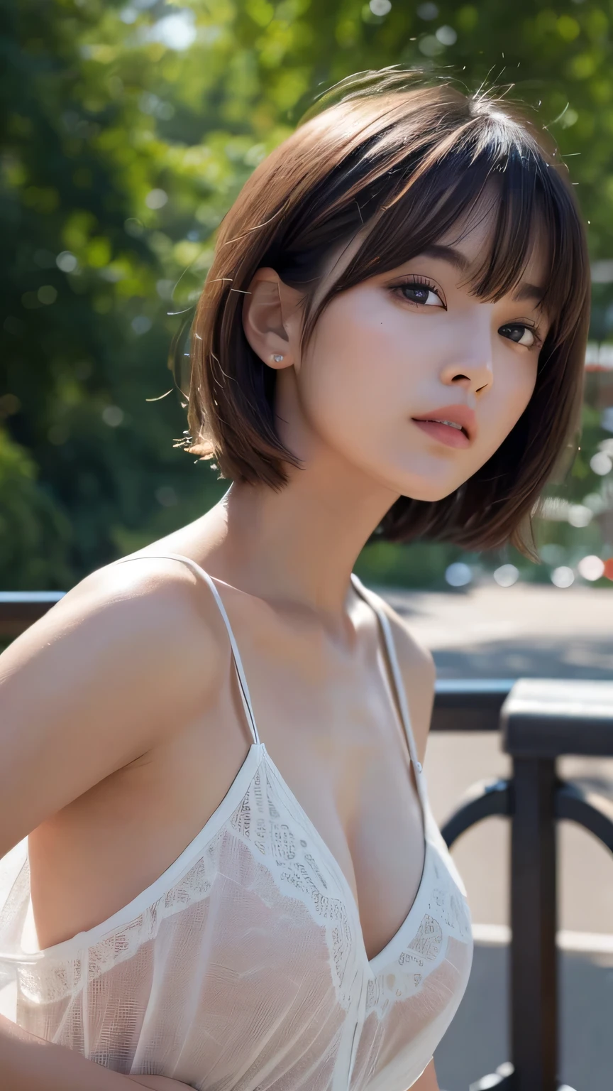 (Ultra-realistic), (figure), (High resolution), (8k), (Very detailed), (Best figure), (Beautiful and detailed), (Highest quality), (Super detailed), (masterpiece), (wallpaper), (Detailed face), alone, One Girl, watching viewer, Trendy summer clothes,Less exposed skin、Fine details, Detailed face, In the Dark, Deep Shadow, Modest, Pure Erotic Face Ace_v1, cool, short hair, Pointed diagonal bangs,driving