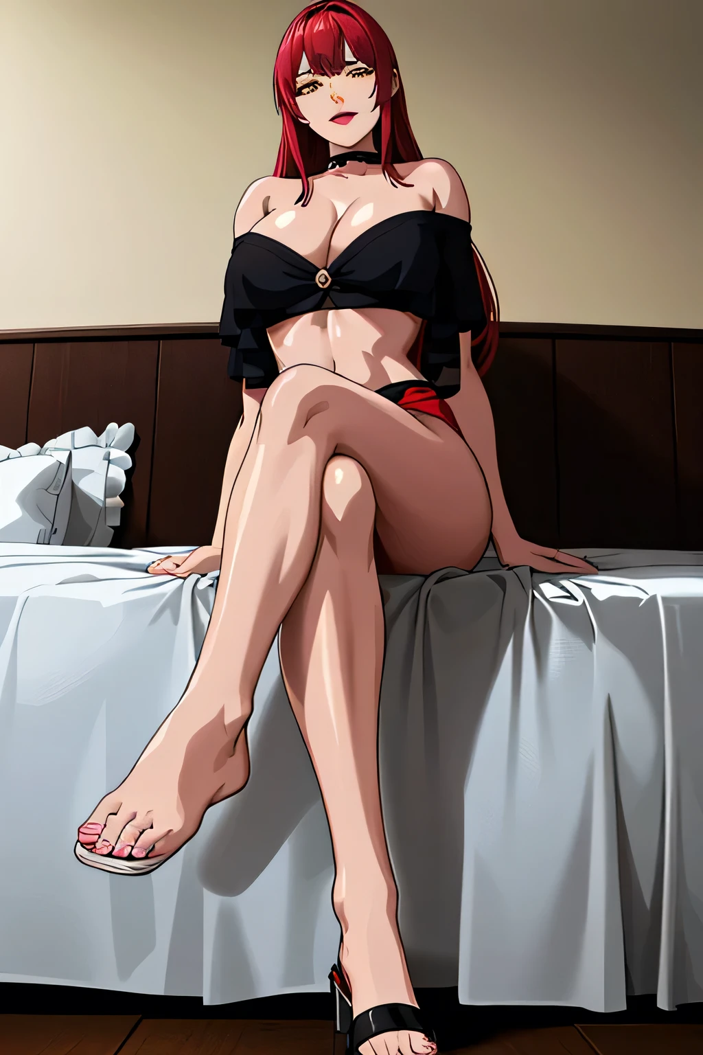 masterpiece, best quality, highres, 1 girls, hirokotakashiro, micro ruffle skirt, black off shoulder crop top , bedroom, full body shot, (smug:0.3), looking at viewer, focus solo, sexy pose, crossing legs, mature, flip flops, detailed feet, busty, cleavage, redhead, seductive, dangling shoes, red eyeshadow, glossy lips, black choker, long hair, playing on bed, complete body, seducing, yellow eyes, black thong, perfect anatomy,