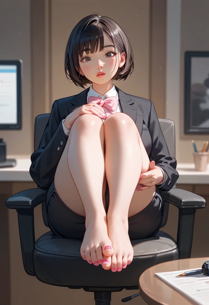(score_9,score_8_up,score_7_up) 1lady asian, solo, female, (black short hair), bob hairstyle, bangs, almond eyes, (suit), tight black blazer, (tight pencil_skirt), blank expression, pale, ((thick thighs)) ((barefoot, small dainty feet, cute feet)), pink nail polish, ((5 toes on each foot, small toes)) ((wide hips)) sitting on a chair upright, full body shown, holding microphone, news reporter, busty,k legs, thick thighs pressed together, footjob, bi, asian womanrglass bodyfigure, staring at camera, asian details, facing forward, detailed face, staring