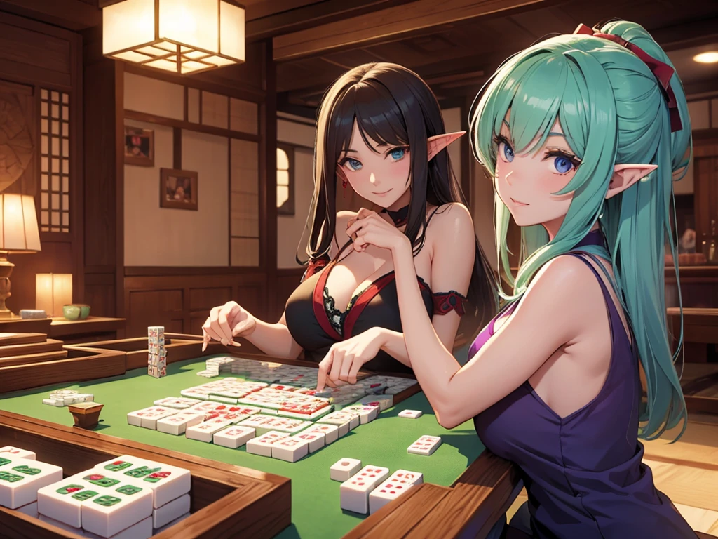 Mahjong parlor,Elf Girl,Playing mahjong,